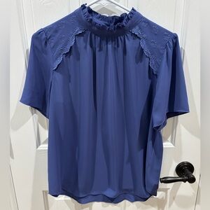 Ann Taylor Periwinkle High-Neck Short Sleeve Blouse